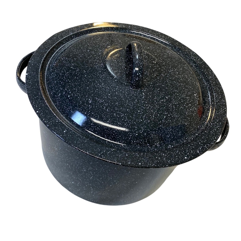 Vintage Black Speckled Enamelware Stock Pot Canner Dutch‎ Oven w Lid 10 Qt
